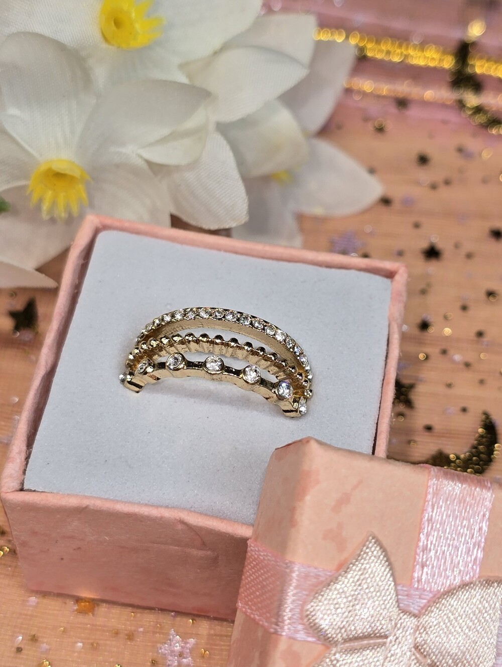 Gold Crystal Stacked Ring Set - Elegant Women's Jewelry